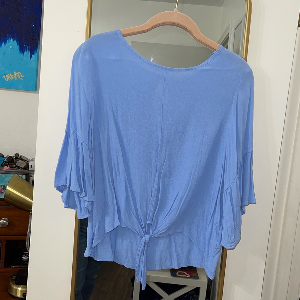 Beautiful Blue Cropped Tie Blouse with Ruffles